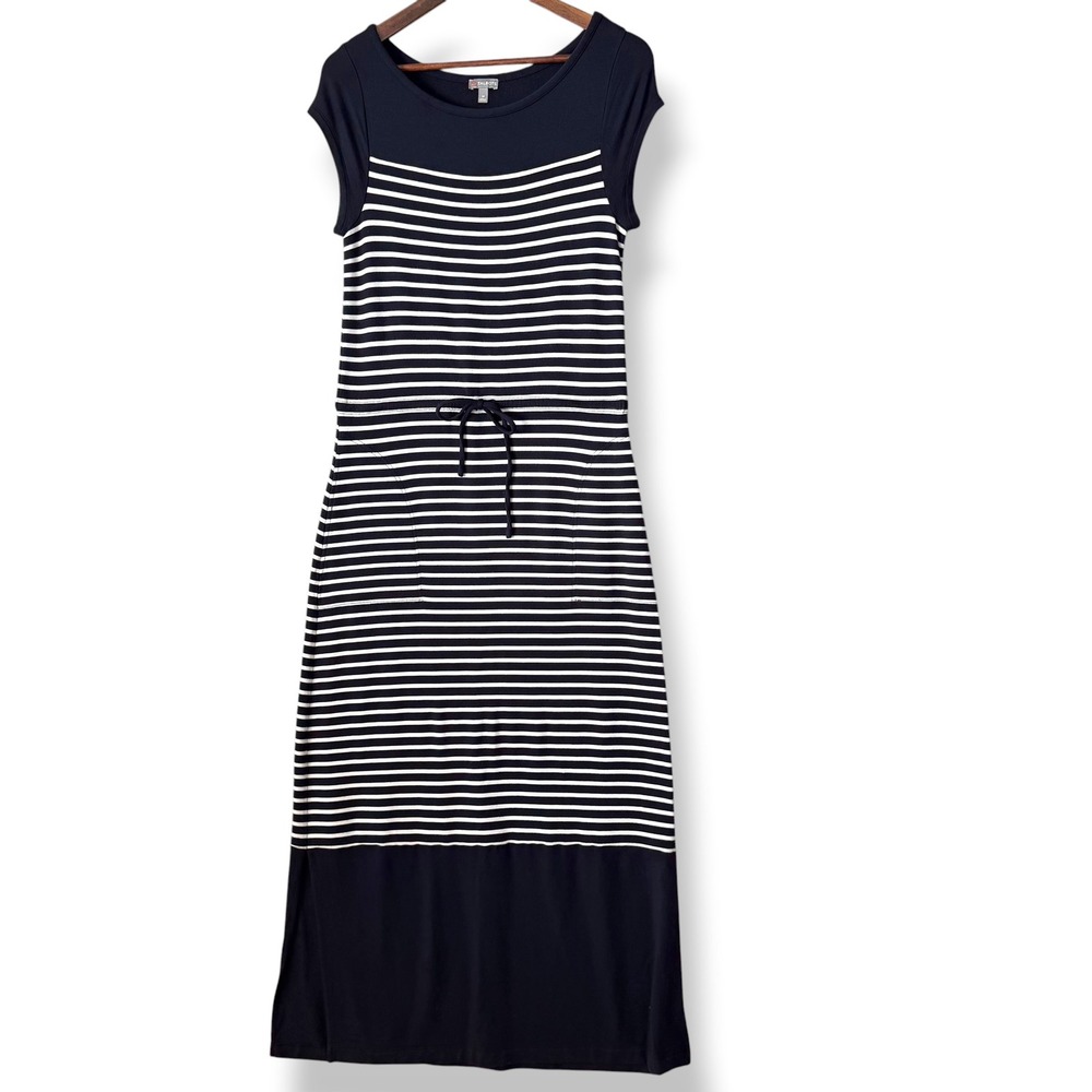 Talbots Maxi Dress M Navy White Stripe Modal Stretch Drawstring Pockets Nautical